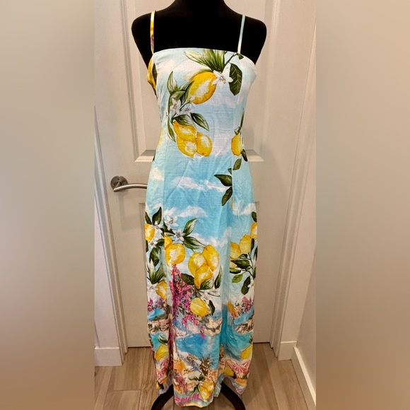 NWT Paper Heart seaside beach scene Lemoncello linen blend Maxi Dress - S - Picture 3 of 15